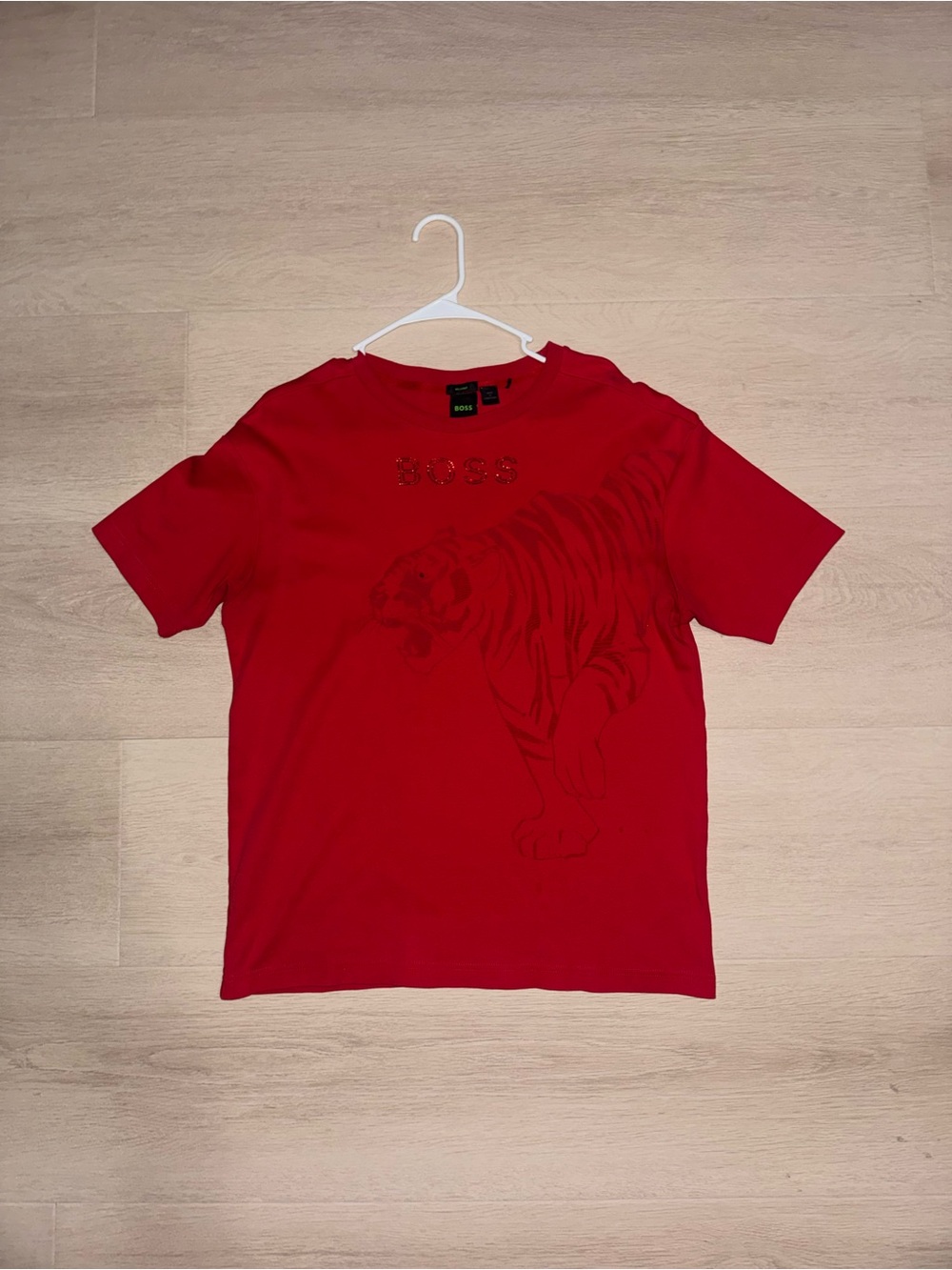 BOSS Red Short-Sleeve Tee with Subtle Tiger Graphic with Rhinestones